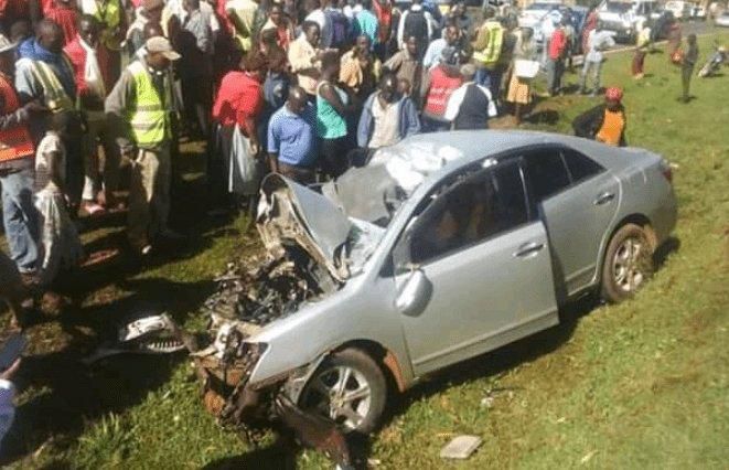 Scene of the accident where a saloon car from Ting'a rammed into a lorry in Nyamira County (Twitter)