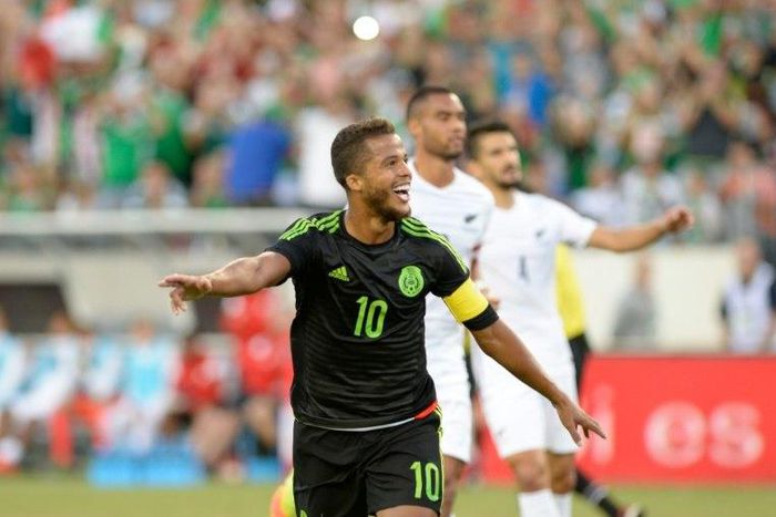 Giovani Dos Santos of Mexico celebrates scoring a goal against New Zeland during their friendly at the Nissan Stadium in Nashville, Tennessee, on October 8, 2016