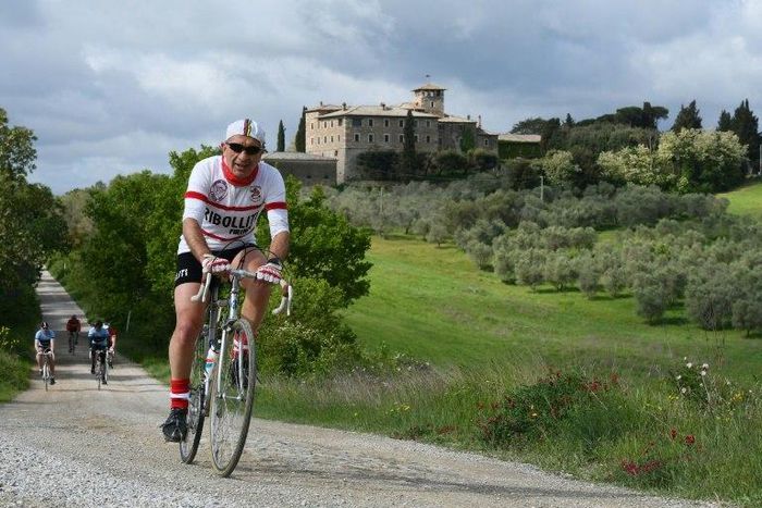 The Eroica Montalcino combines leisure riding on vintage bicycles on Tuscany's white roads -- taking time to taste the region's fabled wine and food