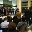 Syria's main opposition High Negotiations Committee (HNC) leader Nasr al-Hariri (C) gives a press conference next to delegates during the Intra-Syrian peace talks at the European headquarters of the United Nations in Geneva, on March 3, 2017