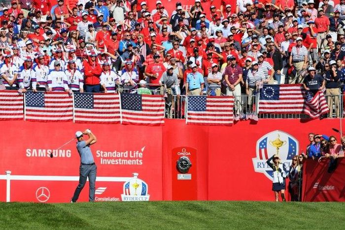 Henrik Stenson of Europe hits off the first tee on October 2, 2016 in Chaska, Minnesota
