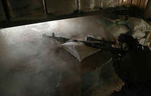 Fighters from Jaish al-Islam are pictured on February 21, 2017, in Syria's rebel-held area of Harasta, on the northeastern outskirts of Damascus