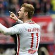 Leipzig's Timo Werner celebrates after scoring the second goal during their match against SC Freiburg in Leipzig, eastern Germany, on April 15, 2017