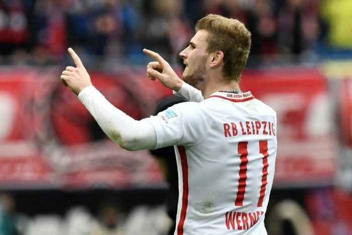 Leipzig's Timo Werner celebrates after scoring the second goal during their match against SC Freiburg in Leipzig, eastern Germany, on April 15, 2017