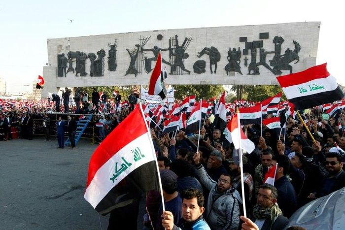 Iraqi supporters of the Sadrist movement demonstrate in Baghdad's Tahrir Square on February 11, 2017