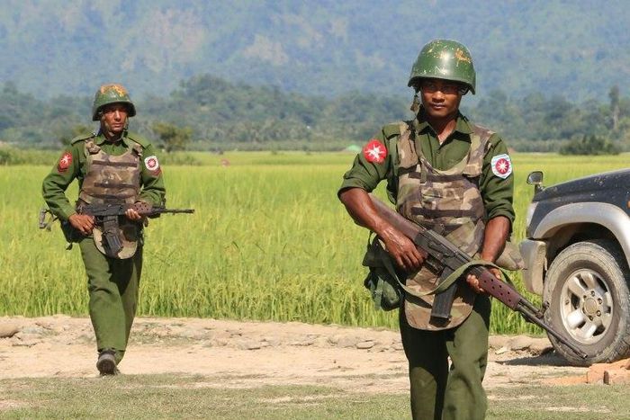 Armed Myanmar army soldiers patrol a village in Maungdaw located in Rakhine State October 21, 2016