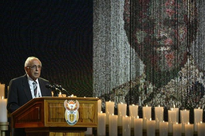 Ahmed Kathrada, seen here speaking at Nelson Mandela's funeral in 2013, was a fellow anti-apartheid activist who later served in the first African National Congress government