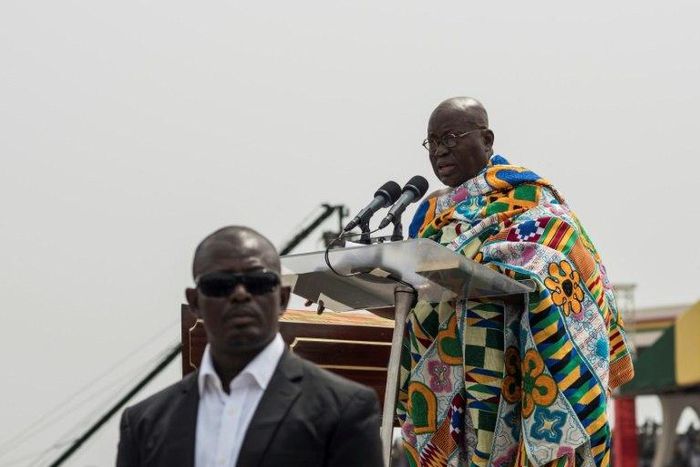 The winner of Ghana's presidential election, Nana Akufo-Addo, takes the oath of office during the swearing-in ceremony at Independence Square in Accra, on January 7, 2017