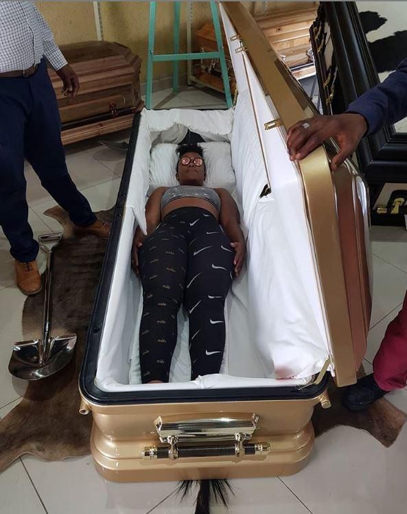 Controversial socialite causes stir after sharing photos in coffin