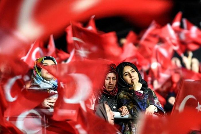 Women rally in support of a "yes" vote in a referendum on boosting Erdogan's powers