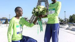 Paul Lonyangata and his wife Prurity Rionoripo after winning the Paris marathons.