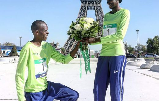 Paul Lonyangata and his wife Prurity Rionoripo after winning the Paris marathons.