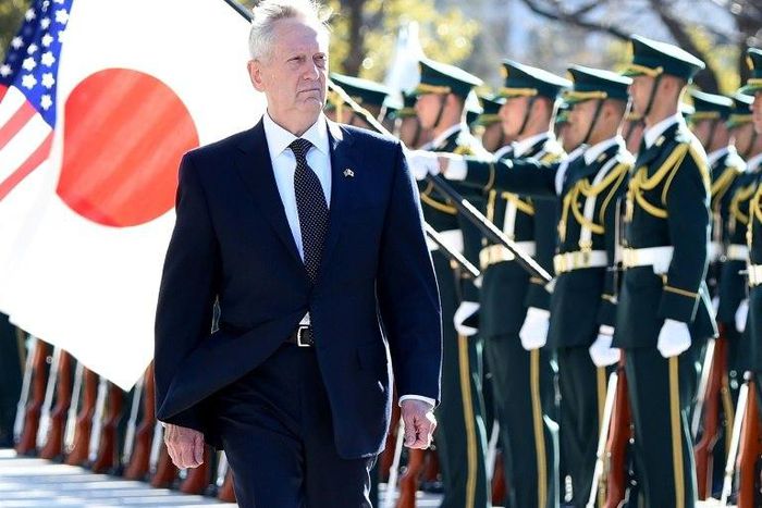 US Defence Secretary Jim Mattis reviews a guard of honor during a welcoming ceremony in Tokyo, on February 4, 2017
