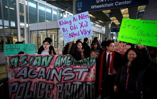 Demonstrators protest against United Airlines at O'Hare International Airport on April 11, 2017 in Chicago