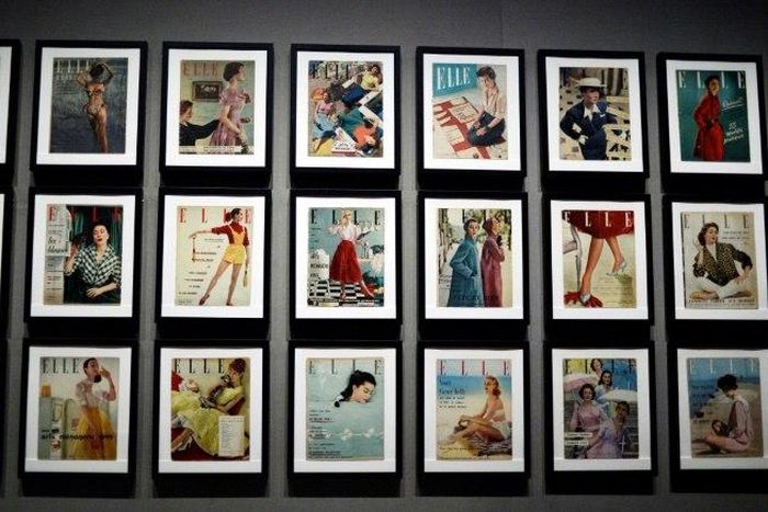 Covers of Elle Magazine are displayed on July 10, 2014 at the Palais Galliera in Paris