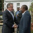 The President of Slovakia, Andrej Kiska (left) is received by his host President Uhuru Kenyatta at State House, Nairobi.