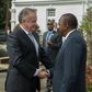 The President of Slovakia, Andrej Kiska (left) is received by his host President Uhuru Kenyatta at State House, Nairobi.