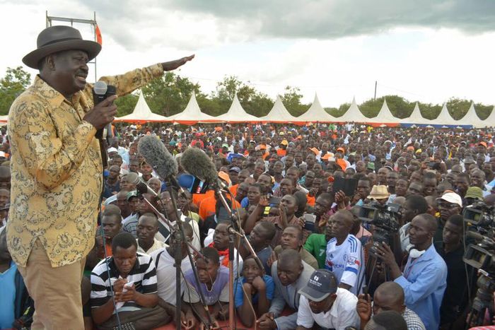 ODM leader Raila Odinga addresses supporters in Mbita, Homa Bay County.