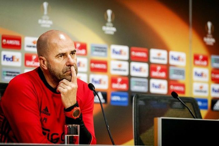 Ajax's coach Peter Bosz delivers a press conference in Amsterdam on May 18, 2017, ahead of their Europa League final football match against Manchester United in Stockholm on May 24
