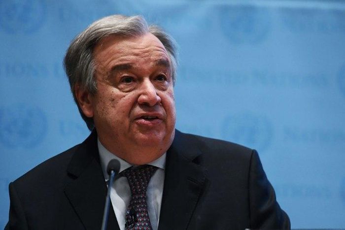 United Nations Secretary-General Antonio Guterres speaks on climate action at the New York University Stern School of Business in New York on May 30, 2017