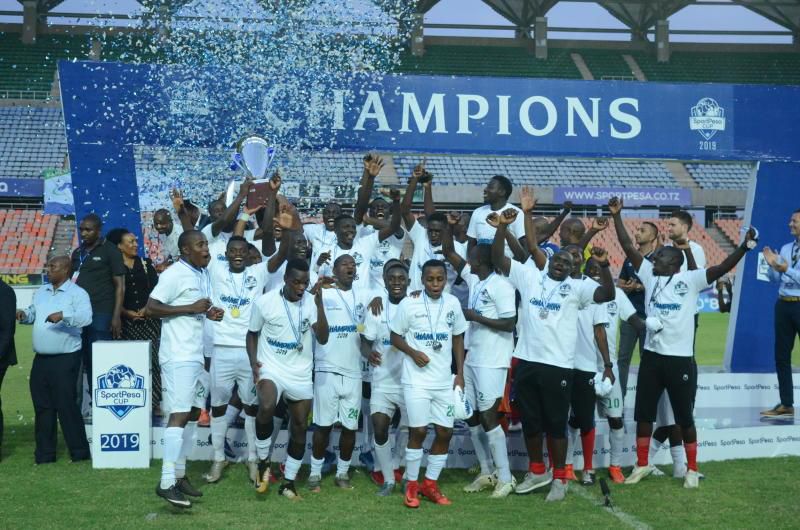 Kariobangi Sharks players celebrating after beating Bandari FC 1-0 in Sportpesa Cup final