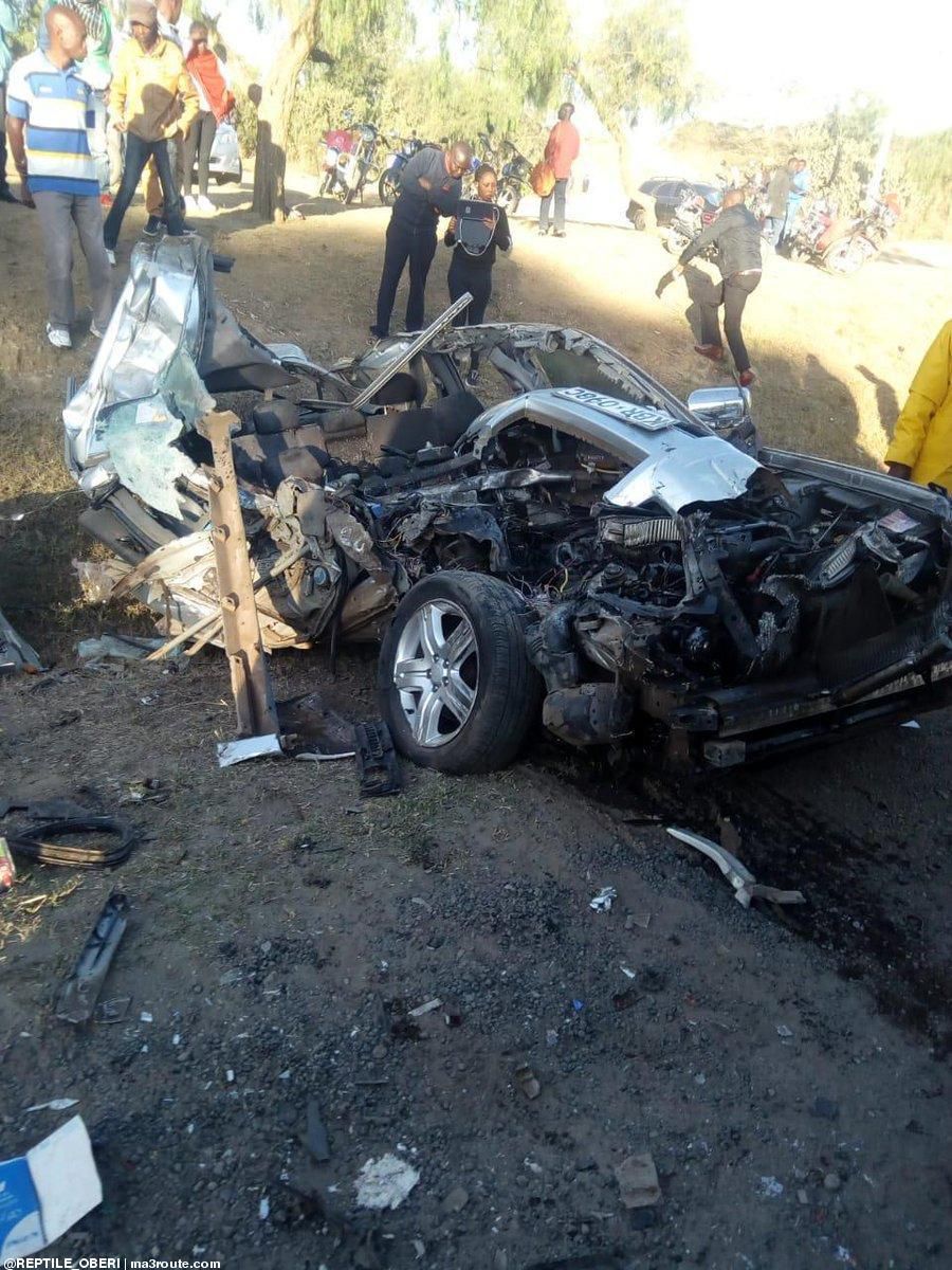 Wreckage of the Subaru Forester involved in head on collision accident at Naivasha along the Nairobi-Nakuru Highway (Twitter)