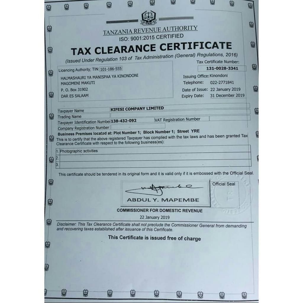 Kifesi (EX-Diamond photographer)   compliance certificates