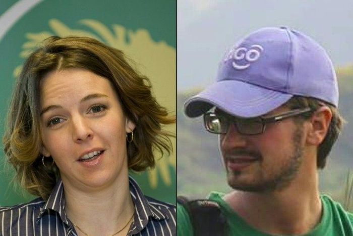 This combination of pictures shows UN Swedish employee Zaida Catalan (L) in 2009 in Stockholm and an undated unlocated photo of US UN researcher Michael Sharp