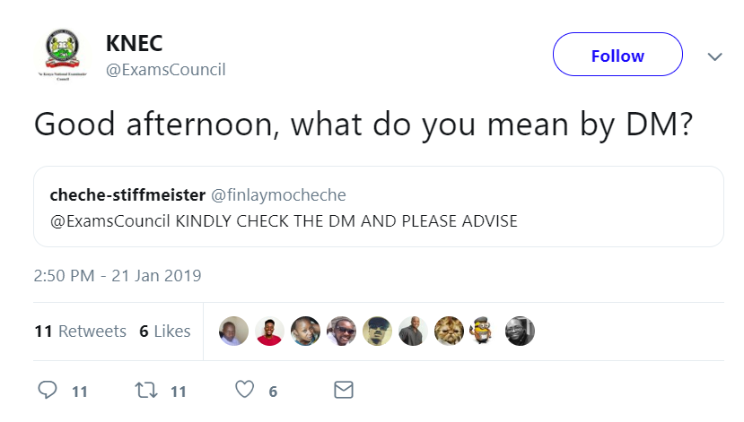 Knec Twitter handle responds to a query by one of its followers