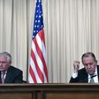 Russian Foreign Minister Sergei Lavrov (R) and US Secretary of State Rex Tillerson take part in a press conference after a meeting in Moscow on April 12, 2017