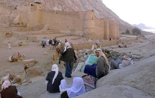 Egyptian Bedouins wait for tourists with their camels outside the walls of St Catherine monastery in the Sinai desert