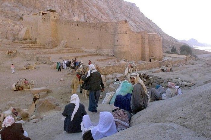 Egyptian Bedouins wait for tourists with their camels outside the walls of St Catherine monastery in the Sinai desert