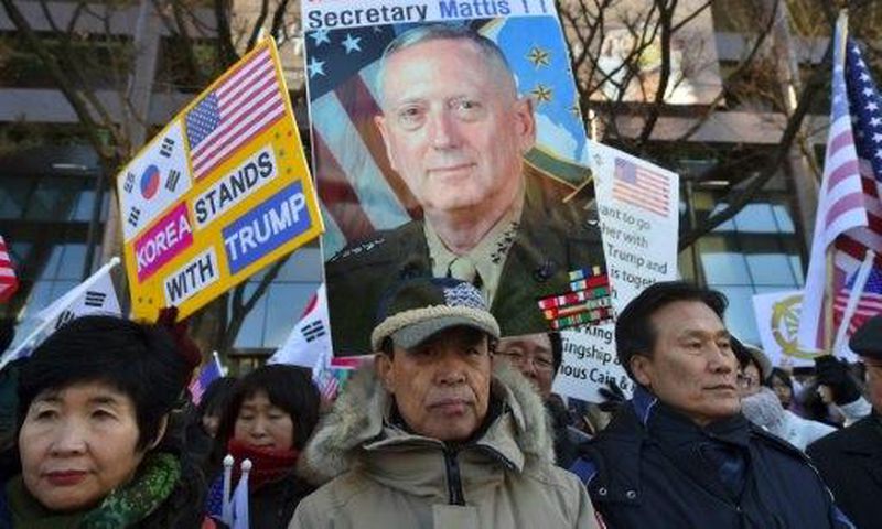 South Korean Christians supporting US President Donald Trump rally to welcome US Defense Secretary James Mattis in Seoul on February 2, 2017