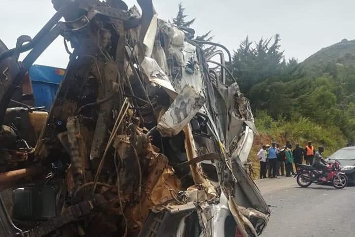 Wreckage of one of the lorries involved in the accident at Maseno