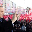 Turkish President Recep Tayyip Erdogan greets supporters at Muftuluk Square in the southeastern city of Kahramanmaras, on February 17, 2017