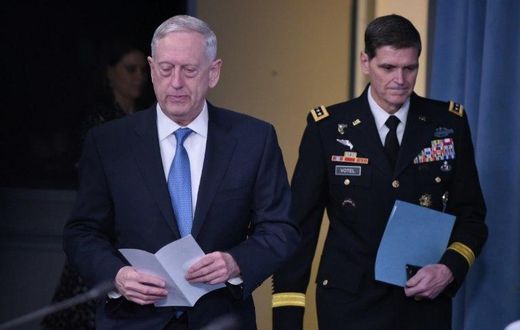 US Secretary of Defense James Mattis (L) and Central Command Commander Joseph Votel arrive for a briefing at the Pentagon in Washington, DC, on April 11, 2017