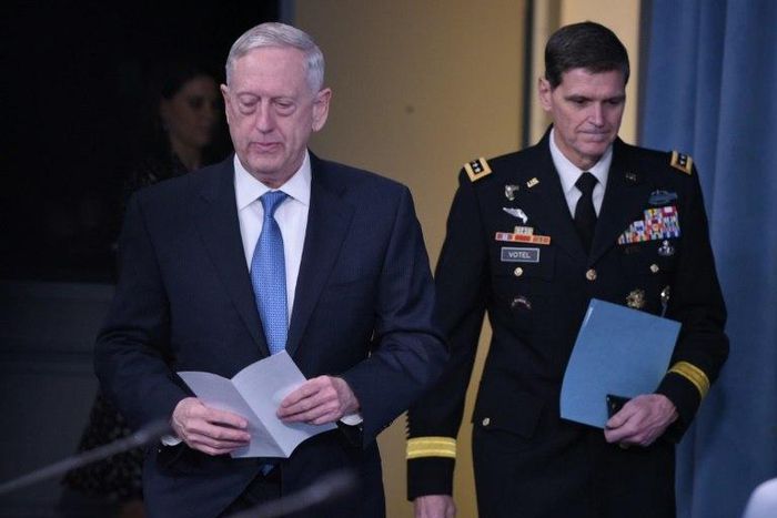 US Secretary of Defense James Mattis (L) and Central Command Commander Joseph Votel arrive for a briefing at the Pentagon in Washington, DC, on April 11, 2017