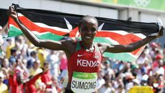 Jemima Jelagat Sumgong of Kenya celebrates after winning the women's marathon race at the 2016 Olympic Games in Rio de Janeiro, Brazil.