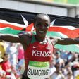 Jemima Jelagat Sumgong of Kenya celebrates after winning the women's marathon race at the 2016 Olympic Games in Rio de Janeiro, Brazil.
