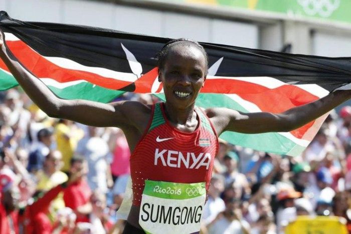 Jemima Jelagat Sumgong of Kenya celebrates after winning the women's marathon race at the 2016 Olympic Games in Rio de Janeiro, Brazil.