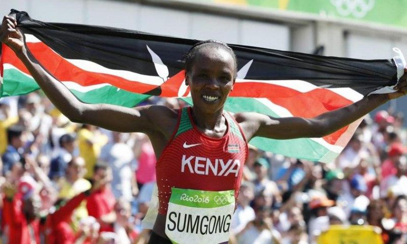 Jemima Jelagat Sumgong of Kenya celebrates after winning the women's marathon race at the 2016 Olympic Games in Rio de Janeiro, Brazil.