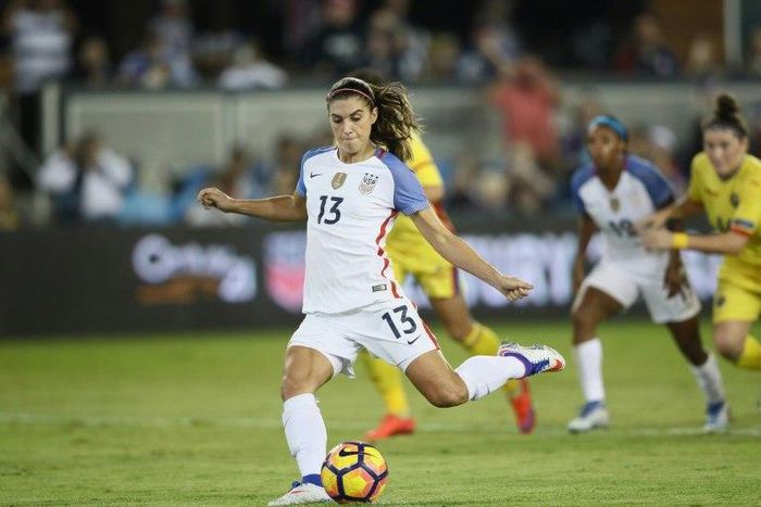 Alex Morgan, pictured in November 2016, has scored 73 times in 120 international appearances, and won an Olympic gold at the 2012 London Games before helping the US claim a third World Cup title in 2015