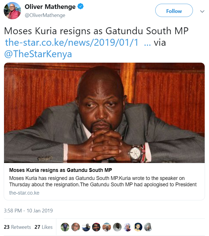 Tweet by Radio Africa Group journalist Oliver Mathenge on Moses Kuria's resignation (Twitter)