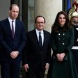 French President Francois Hollande (C) welcomes Britain's Prince William (L), The Duke of Cambridge, and his wife Kate, the Duchess of Cambridge at the Elysee Palace in Paris on March 17, 2017