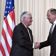 Russian Foreign Minister Sergei Lavrov (R) shakes hands with US Secretary of State Rex Tillerson after a press conference in Moscow on April 12, 2017