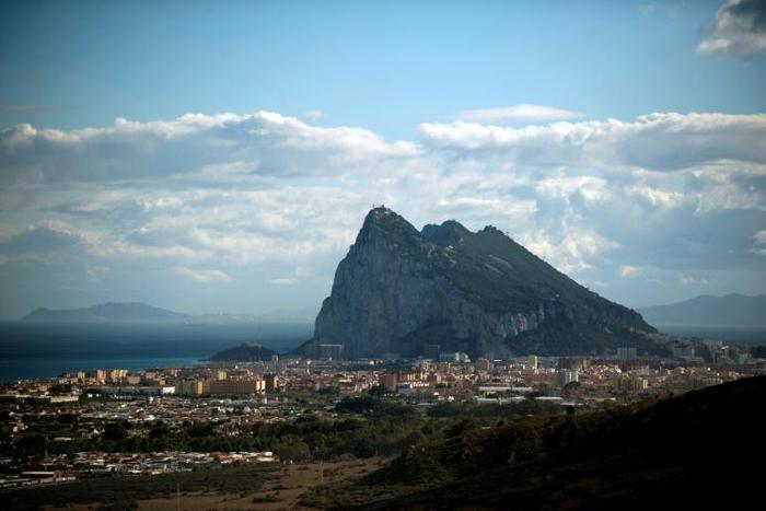 The rocky outcrop of Gibraltar Rock seen from La Linea de la Concepcion near the southern Spanish city of Cadiz