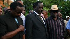 File Image of Kalonzo Musyoka (left), Raila Odinga and Mr Johnstone Muthama
