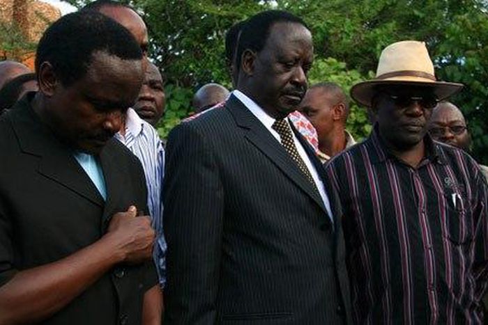 File Image of Kalonzo Musyoka (left), Raila Odinga and Mr Johnstone Muthama