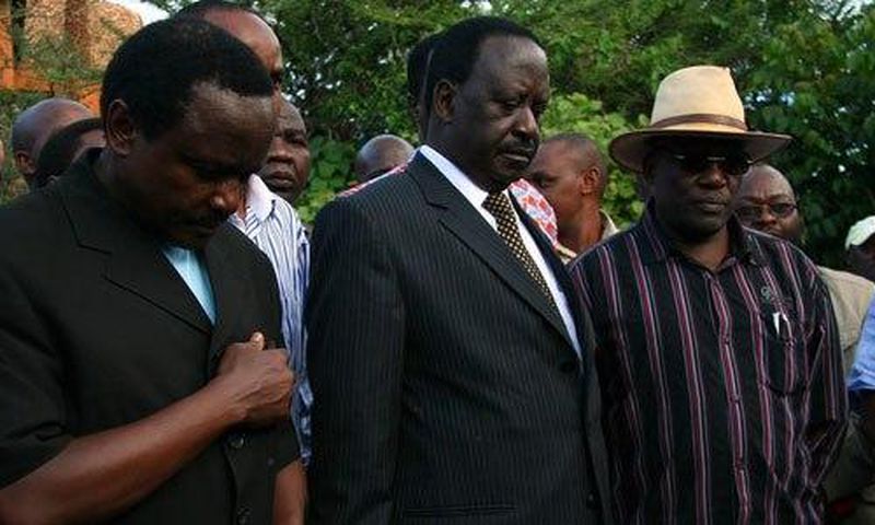 File Image of Kalonzo Musyoka (left), Raila Odinga and Mr Johnstone Muthama