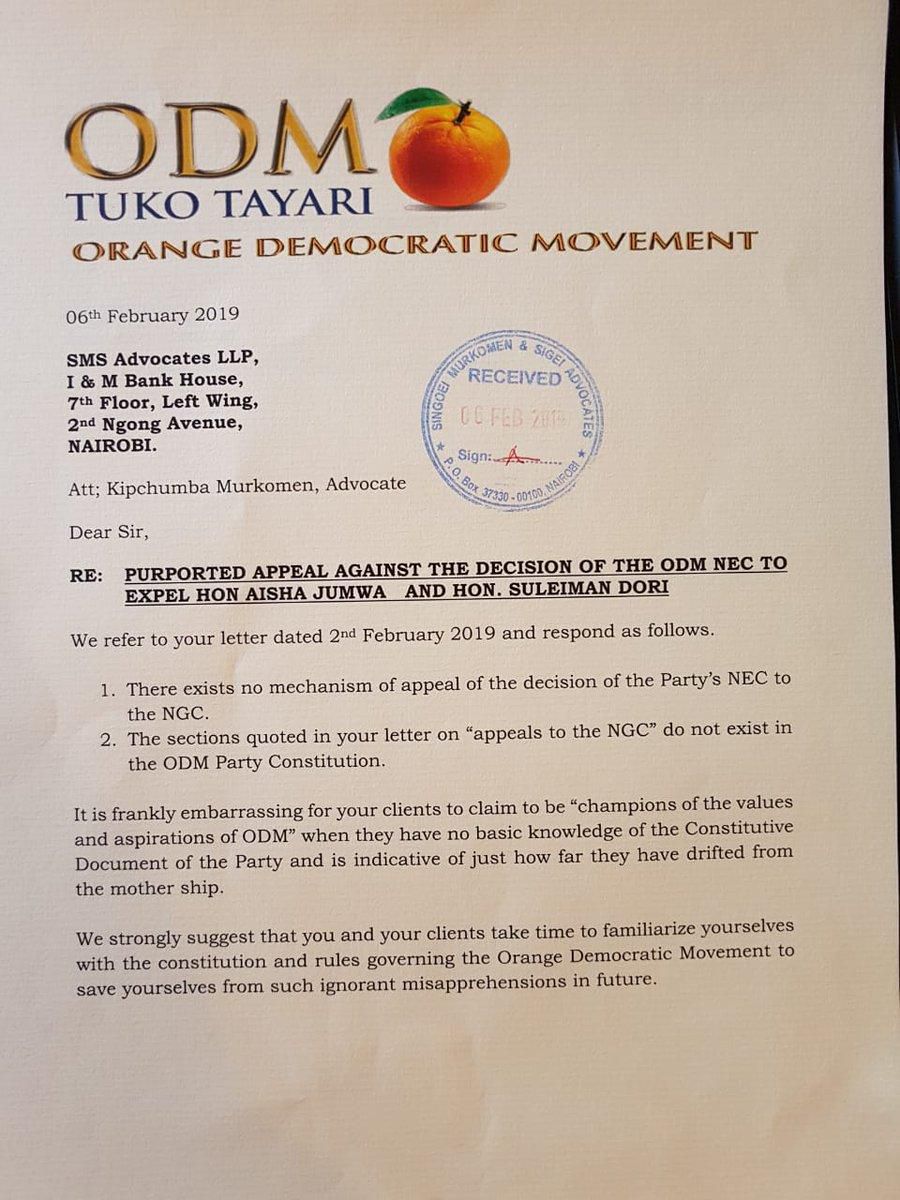 ODM letter to Elgeyo Marakwet Senator Kipchumba Murkomen